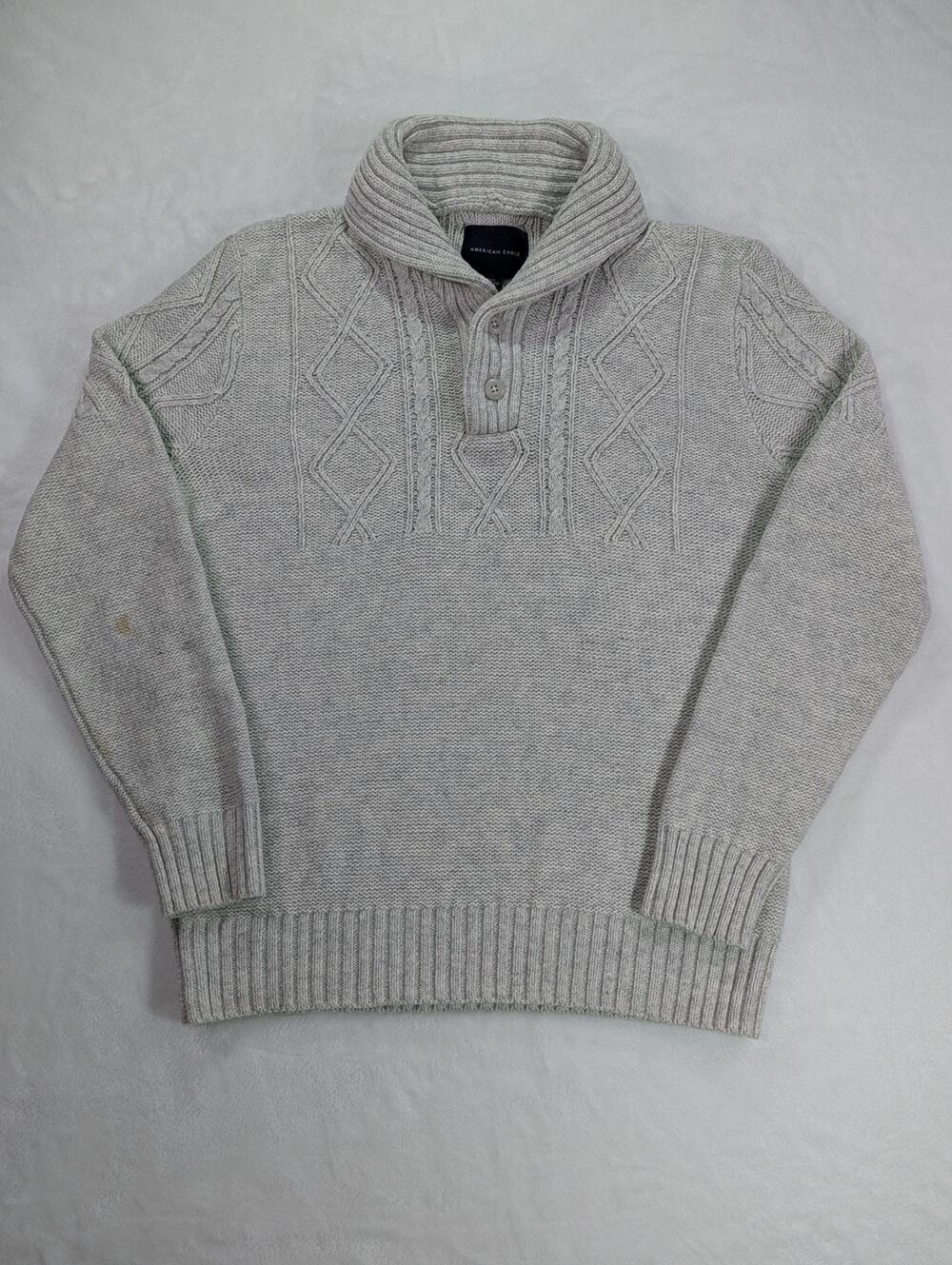 American Eagle Gray Cable Knit Fisherman Shawl Collar Sweater Mens L Heavyweight
